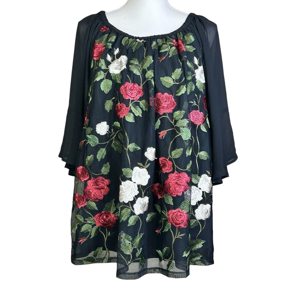 Roz & Ali Top Women Size 2X Black Red White Green Floral Sheer Bohemian Blouse
